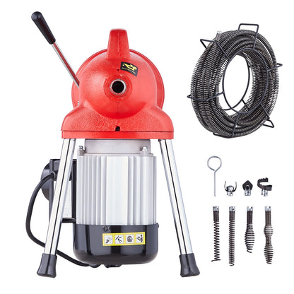 Drain Cleaner Machine 66FT x 5/8 Inch, 250W Electric Sewer Snake Auger Manual Feed - with 2 Sectional Steel Cables (66' x 5/8" and 15' x 3/8"), 7 Cutters and CW/CCW Control for 1.6" to 4" Pipes