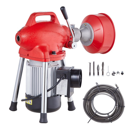 Drain Cleaner Machine 66FT x 5/8 Inch, 250W Electric Sewer Snake Auger Manual Feed - with 2 Sectional Steel Cables (66' x 5/8" and 15' x 3/8"), 7 Cutters and CW/CCW Control for 1.6" to 4" Pipes