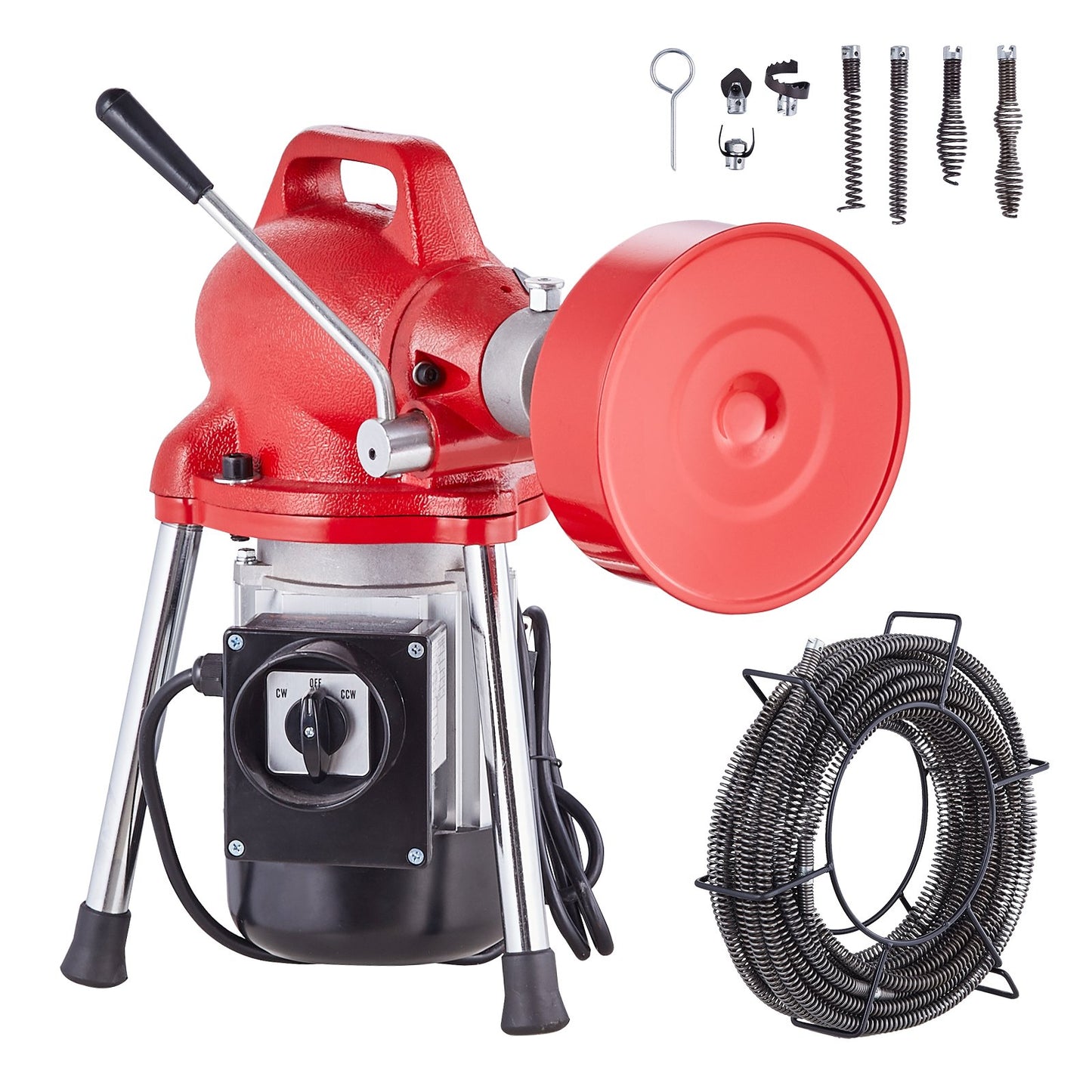 Drain Cleaner Machine 66FT x 5/8 Inch, 250W Electric Sewer Snake Auger Manual Feed - with 2 Sectional Steel Cables (66' x 5/8" and 15' x 3/8"), 7 Cutters and CW/CCW Control for 1.6" to 4" Pipes