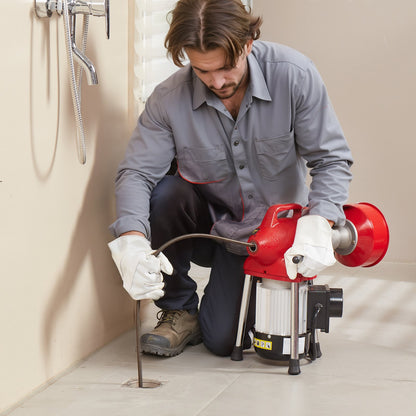 Drain Cleaner Machine 120FT x 5/8 Inch, 370W Electric Sewer Snake Auger Manual Feed - with 2 Sectional Steel Cables(120' x 5/8" and 23' x 3/8"), 7 Cutters and CW/CCW Control for 1.6" to 4" Pipes