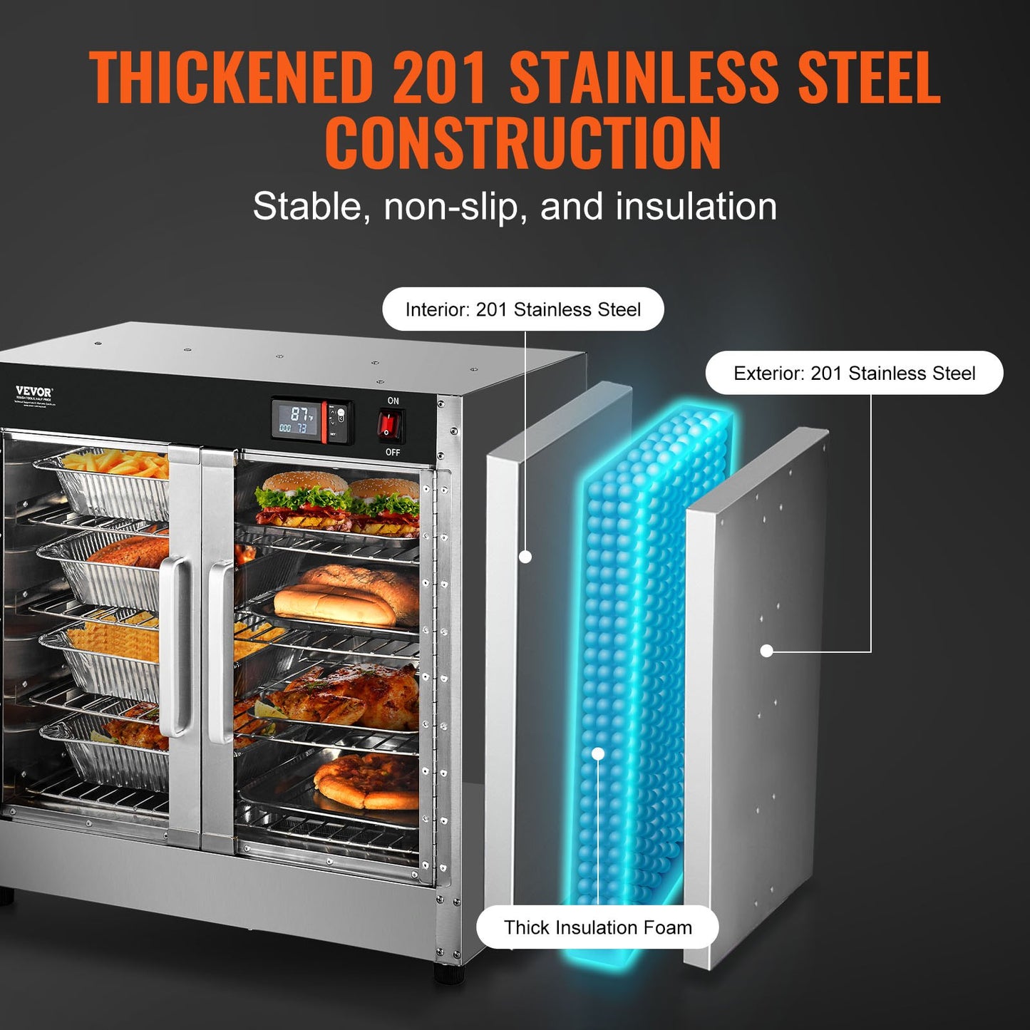 Hot Box Food Warmer, 4-Tier Concession Warmer with Water Tray, 4 Pans, Glass Double-door and Adjustable Shelves, Stainless Steel Food Warmer Cabinet, Ideal for Storing Pizza, Chicken, Restaurant