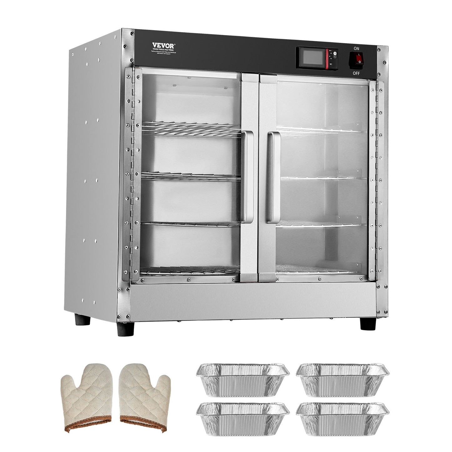 Hot Box Food Warmer, 4-Tier Concession Warmer with Water Tray, 4 Pans, Glass Double-door and Adjustable Shelves, Stainless Steel Food Warmer Cabinet, Ideal for Storing Pizza, Chicken, Restaurant