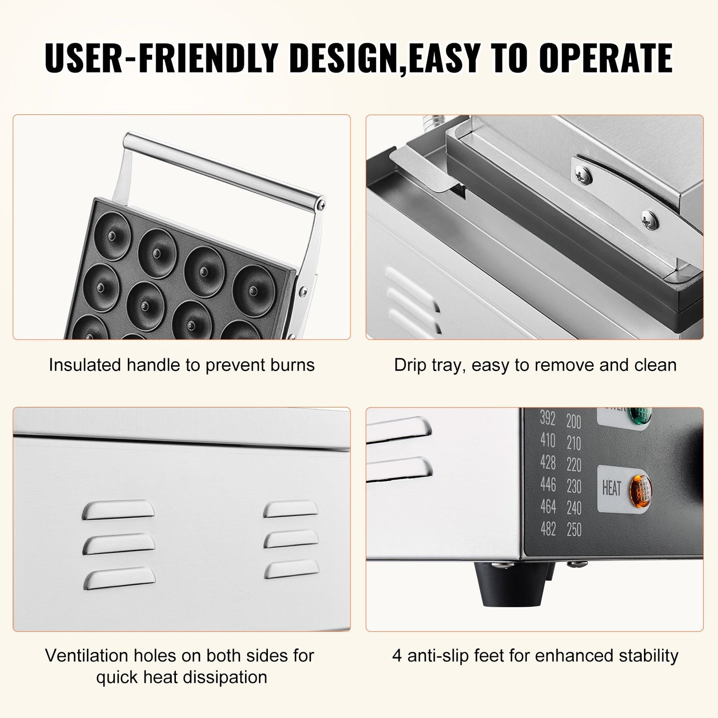 Elektrisk munkmaskin, 1550W kommersiell munkmaskin med non-stick yta, 12-håls dubbelsidig värmevåffelmaskin gör 12 munkar, temperatur 50-300 ℃, för restaurang och hemmabruk