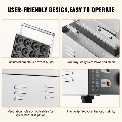 Elektrisk munkmaskin, 1550W kommersiell munkmaskin med non-stick yta, 12-håls dubbelsidig värmevåffelmaskin gör 12 munkar, temperatur 50-300 ℃, för restaurang och hemmabruk
