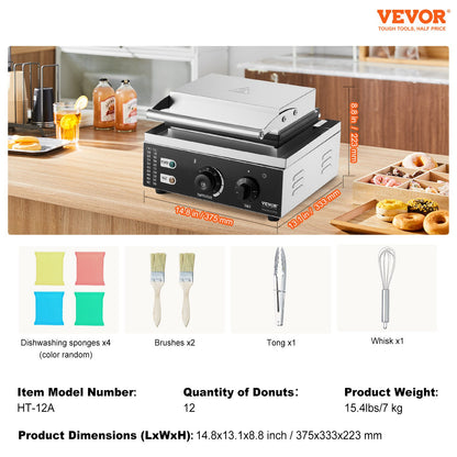 Elektrisk munkmaskin, 1550W kommersiell munkmaskin med non-stick yta, 12-håls dubbelsidig värmevåffelmaskin gör 12 munkar, temperatur 50-300 ℃, för restaurang och hemmabruk