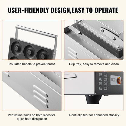 Elektrisk munkmaskin, 1550W kommersiell munkmaskin med non-stick yta, 6 håls dubbelsidig värmevåffelmaskin gör 6 munkar, temperatur 50-300 ℃, för restaurang och hemmabruk