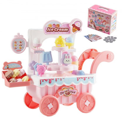 Ice Cream Cart for Kids, 27 PCS Accessories, Pretend Play Store with Storage Trolley with Pretend Money, Sound & Light Effects, Montessori Educational Ice Cream Truck Toys for Toddlers 3+ (Pink)