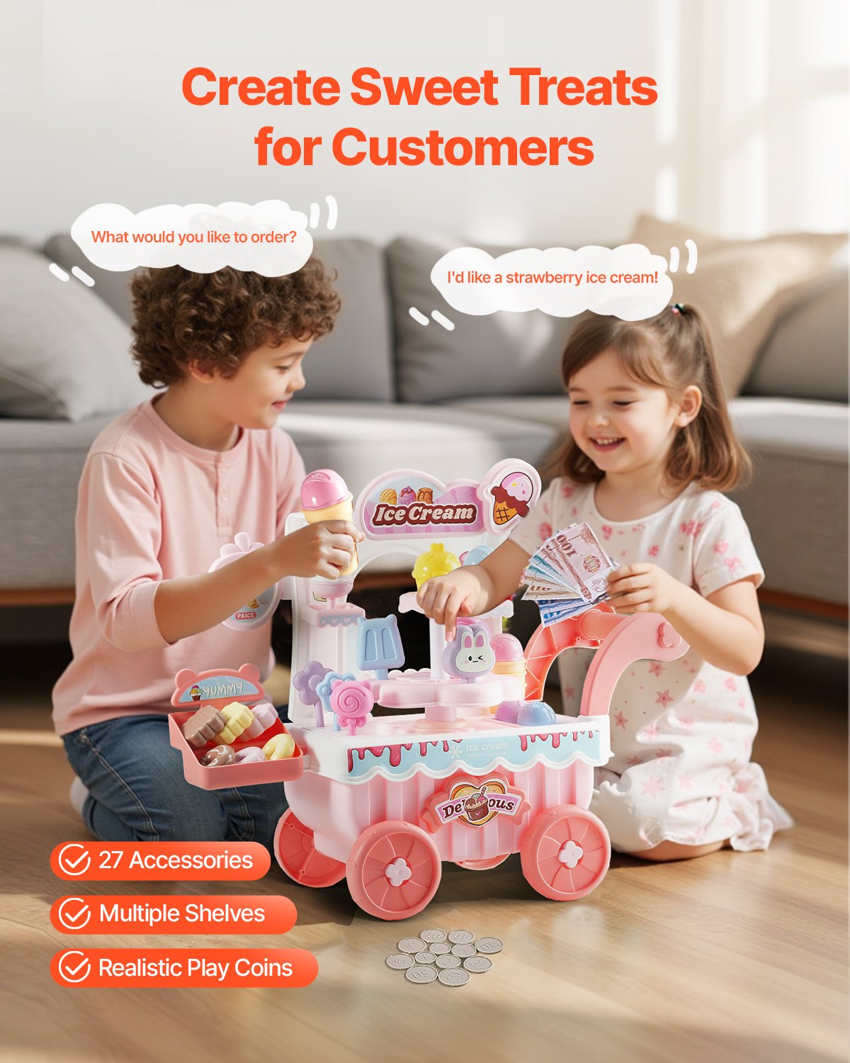 Ice Cream Cart for Kids, 27 PCS Accessories, Pretend Play Store with Storage Trolley with Pretend Money, Sound & Light Effects, Montessori Educational Ice Cream Truck Toys for Toddlers 3+ (Pink)