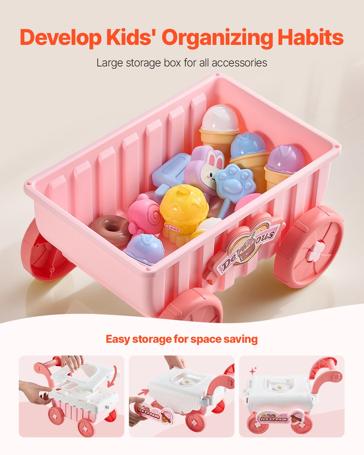 Ice Cream Cart for Kids, 27 PCS Accessories, Pretend Play Store with Storage Trolley with Pretend Money, Sound & Light Effects, Montessori Educational Ice Cream Truck Toys for Toddlers 3+ (Pink)