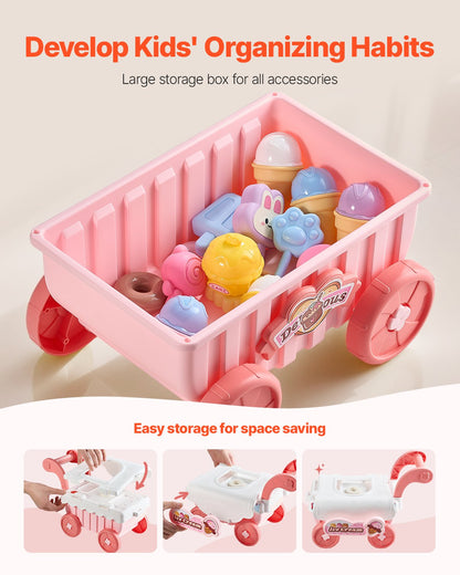 Ice Cream Cart for Kids, 27 PCS Accessories, Pretend Play Store with Storage Trolley with Pretend Money, Sound & Light Effects, Montessori Educational Ice Cream Truck Toys for Toddlers 3+ (Pink)