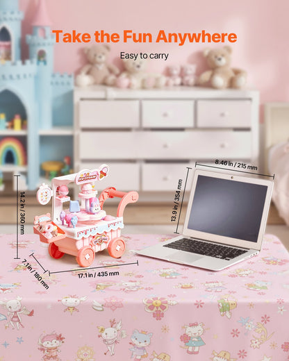 Ice Cream Cart for Kids, 27 PCS Accessories, Pretend Play Store with Storage Trolley with Pretend Money, Sound & Light Effects, Montessori Educational Ice Cream Truck Toys for Toddlers 3+ (Pink)