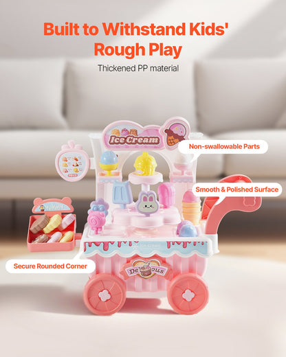Ice Cream Cart for Kids, 27 PCS Accessories, Pretend Play Store with Storage Trolley with Pretend Money, Sound & Light Effects, Montessori Educational Ice Cream Truck Toys for Toddlers 3+ (Pink)