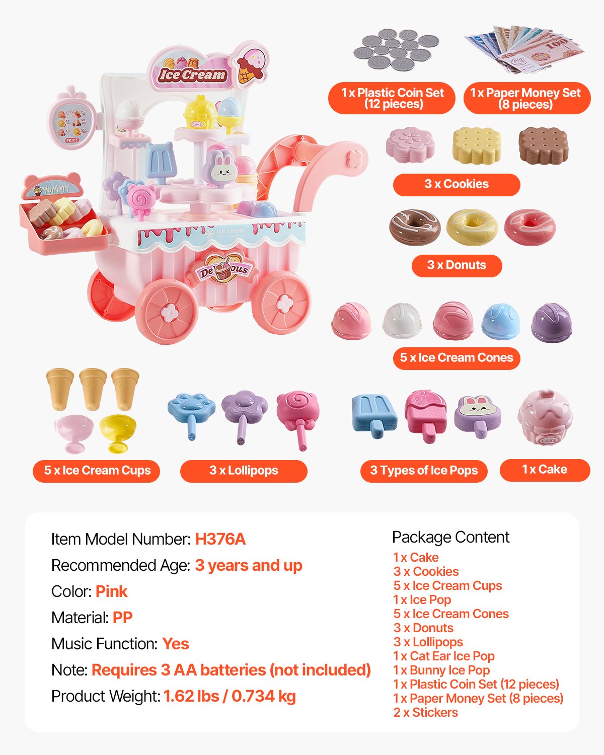 Ice Cream Cart for Kids, 27 PCS Accessories, Pretend Play Store with Storage Trolley with Pretend Money, Sound & Light Effects, Montessori Educational Ice Cream Truck Toys for Toddlers 3+ (Pink)