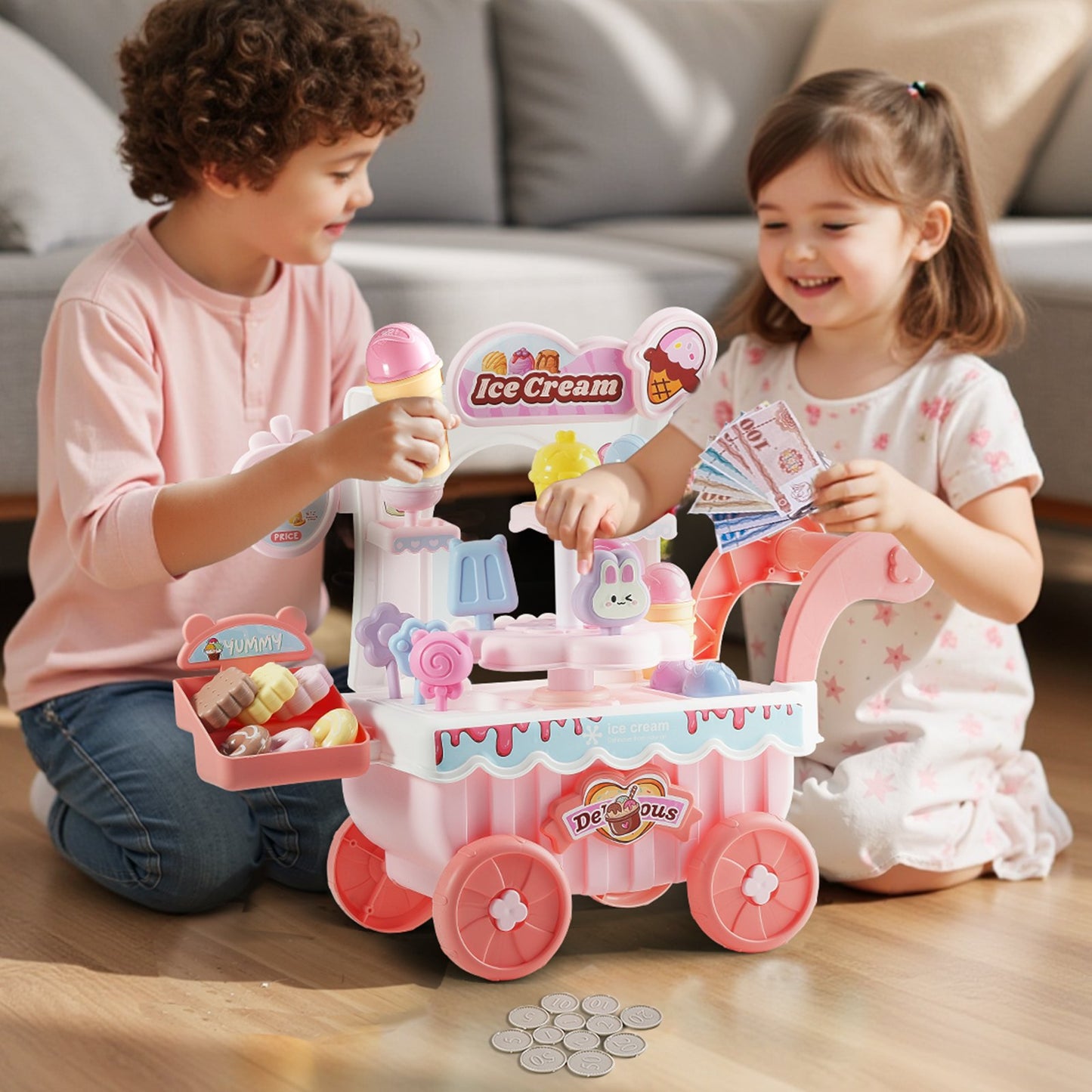 Ice Cream Cart for Kids, 27 PCS Accessories, Pretend Play Store with Storage Trolley with Pretend Money, Sound & Light Effects, Montessori Educational Ice Cream Truck Toys for Toddlers 3+ (Pink)