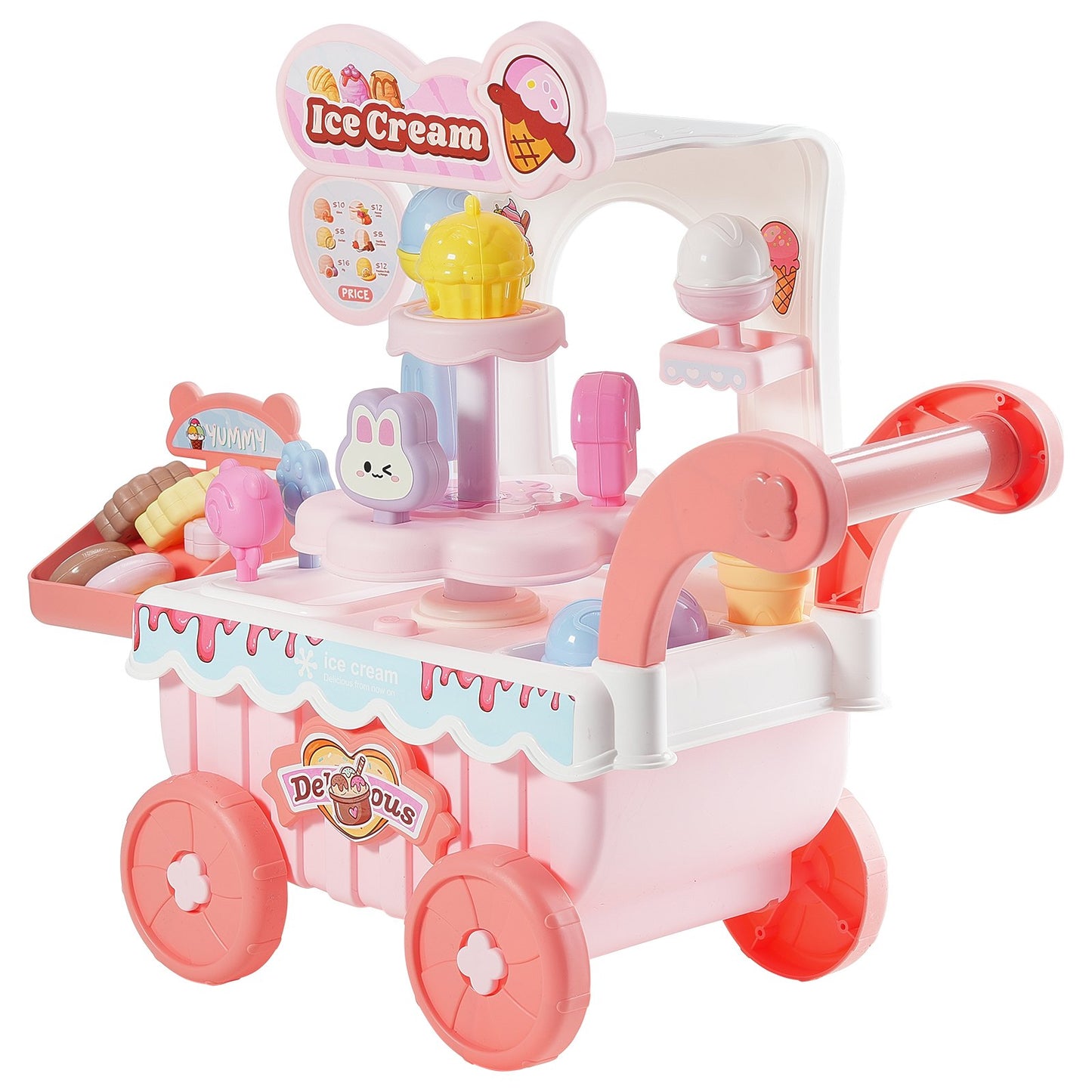 Ice Cream Cart for Kids, 27 PCS Accessories, Pretend Play Store with Storage Trolley with Pretend Money, Sound & Light Effects, Montessori Educational Ice Cream Truck Toys for Toddlers 3+ (Pink)