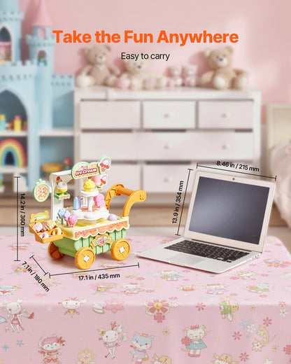 Ice Cream Cart for Kids, 27 PCS Accessories, Pretend Play Store with Storage Trolley with Pretend Money, Sound & Light Effects, Montessori Educational Ice Cream Truck Toys for Toddlers 3+