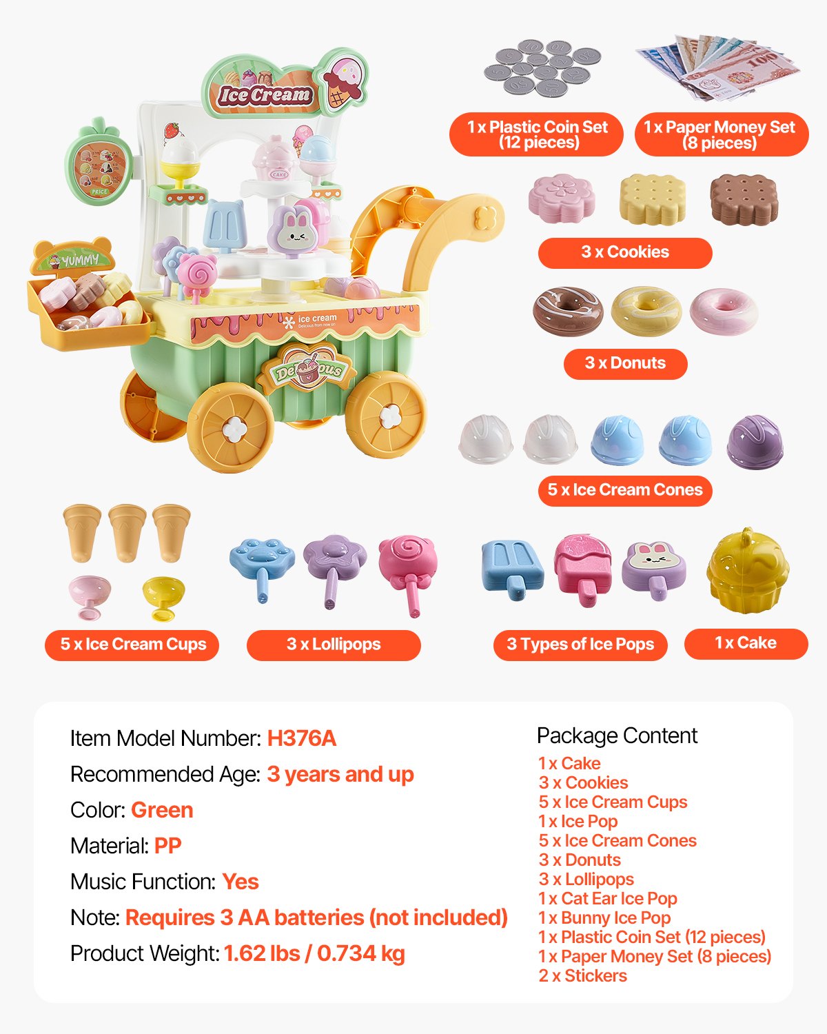 Ice Cream Cart for Kids, 27 PCS Accessories, Pretend Play Store with Storage Trolley with Pretend Money, Sound & Light Effects, Montessori Educational Ice Cream Truck Toys for Toddlers 3+