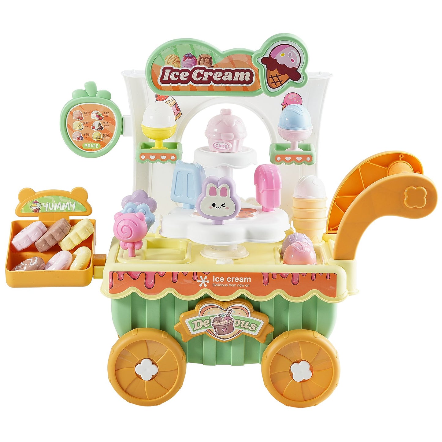 Ice Cream Cart for Kids, 27 PCS Accessories, Pretend Play Store with Storage Trolley with Pretend Money, Sound & Light Effects, Montessori Educational Ice Cream Truck Toys for Toddlers 3+