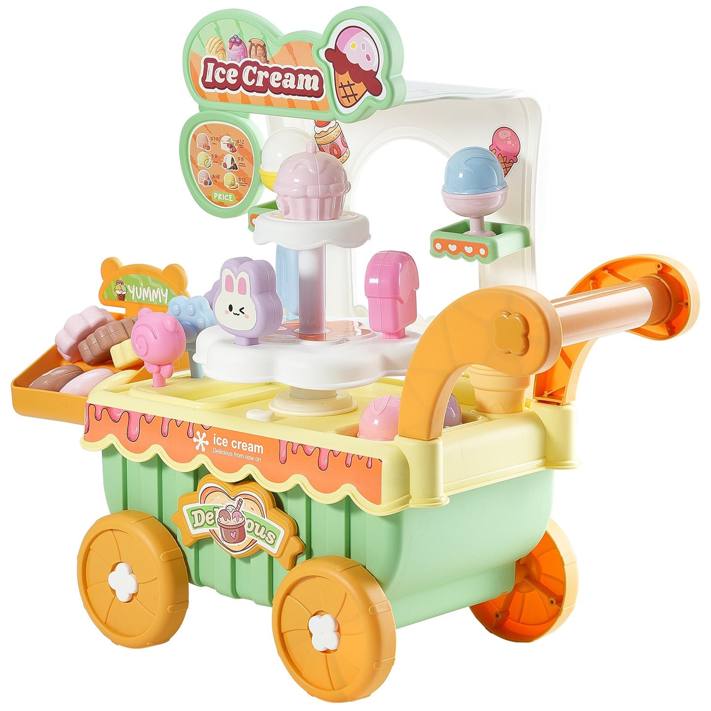 Ice Cream Cart for Kids, 27 PCS Accessories, Pretend Play Store with Storage Trolley with Pretend Money, Sound & Light Effects, Montessori Educational Ice Cream Truck Toys for Toddlers 3+