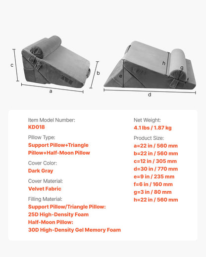 Bed Wedge Pillow for Sleeping, 3 Pcs Adjustable Orthopedic Bed Wedge Set, with Washable Cover & Foam Support, Post Surgery Pillow for Acid Reflux, Back Pain, Snoring Relief & GERD, Dark Grey