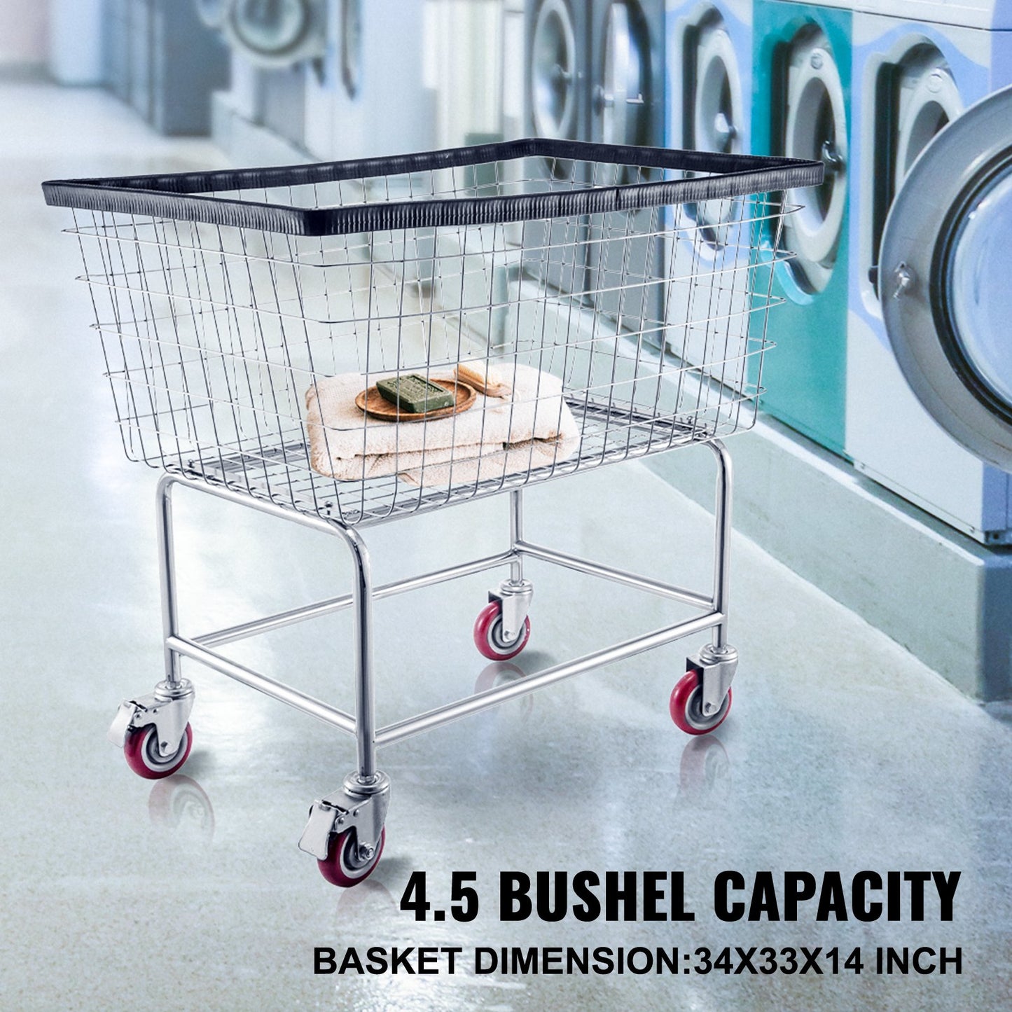 Wire Laundry Cart, 4.5 Bushel Wire Laundry Basket with Wheels, 35\'\'x15.7\'\'x22\'\' Commercial Wire Laundry Basket Cart, Steel Frame with Chrome Finish, 5\'\' Casters, Wire Basket Cart for Lau