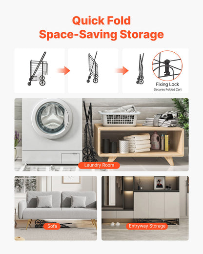 Folding Shopping Cart, Jumbo Grocery Cart with Double Baskets, 360° Swivel Wheels, Heavy Duty Utility Cart, 110 LBS Large Capacity Utility Cart for Laundry, Shopping, Grocery, Luggage
