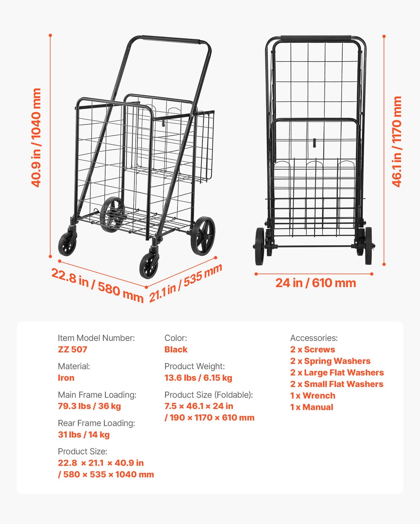 Folding Shopping Cart, Jumbo Grocery Cart with Double Baskets, 360° Swivel Wheels, Heavy Duty Utility Cart, 110 LBS Large Capacity Utility Cart for Laundry, Shopping, Grocery, Luggage
