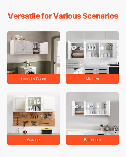 Laundry Room Wall Cabinet, 2-Tier Wall Mounted Hanging Cabinet with 3 Doors, Cupboard Organizer with Adjustable Shelf, for Kitchen, Garage, Laundry, 12.44 x 54 x 20.31 in (D x W x H), White