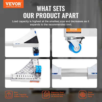 Minikylskåpsställ Universal Tvättstativ, Justerbart kylskåpsstativ med släta hjul, Tvättmaskinspiedestal Multifunktionell bas för tvättmaskin och torktumlare, 381-615 mm Bredd Utbyggbar