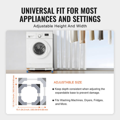 Minikylskåpsställ Universal Tvättstativ, Justerbart kylskåpsstativ med släta hjul, Tvättmaskinspiedestal Multifunktionell bas för tvättmaskin och torktumlare, 381-615 mm Bredd Utbyggbar