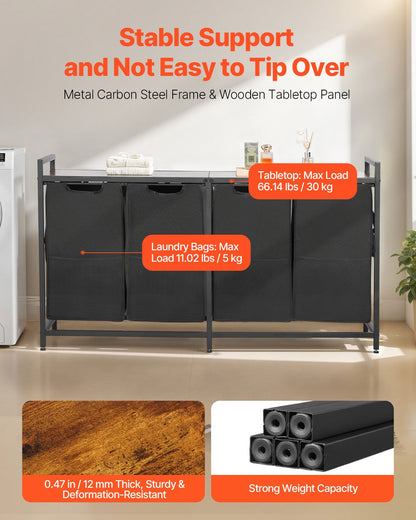 4-delad tvättkorg, stor tvättkorg med metallram och träbordsskiva, fristående förvaringskorgar med utdragbara 600D Oxford-tygpåsar för smutsiga kläder, badrum