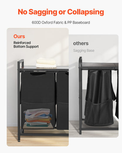 4-delad tvättkorg, stor tvättkorg med metallram och träbordsskiva, fristående förvaringskorgar med utdragbara 600D Oxford-tygpåsar för smutsiga kläder, badrum