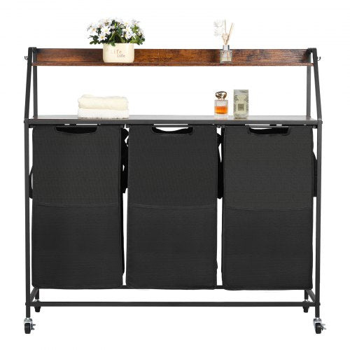 2 Tiers Laundry Sorter, Tall Laundry Hamper with Metal Frame and Wooden Tabletop, 3 Section Rolling Basket Organizer Storage with Ladder Shelves and 600D Oxford Cloth Bags for Dirty Clothes