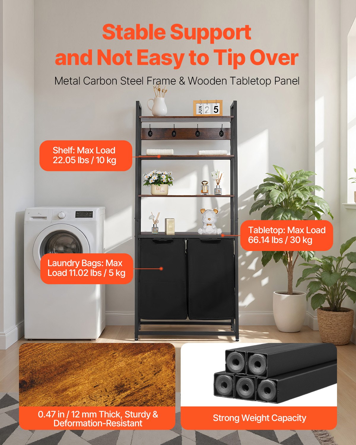 4-våningars tvättkorg, hög tvättkorg med hyllor och krokar, 2-sektioners fristående korgorganisatör för förvaring med 600D Oxford-tygpåsar och steghyllor för smutsiga kläder, badrum