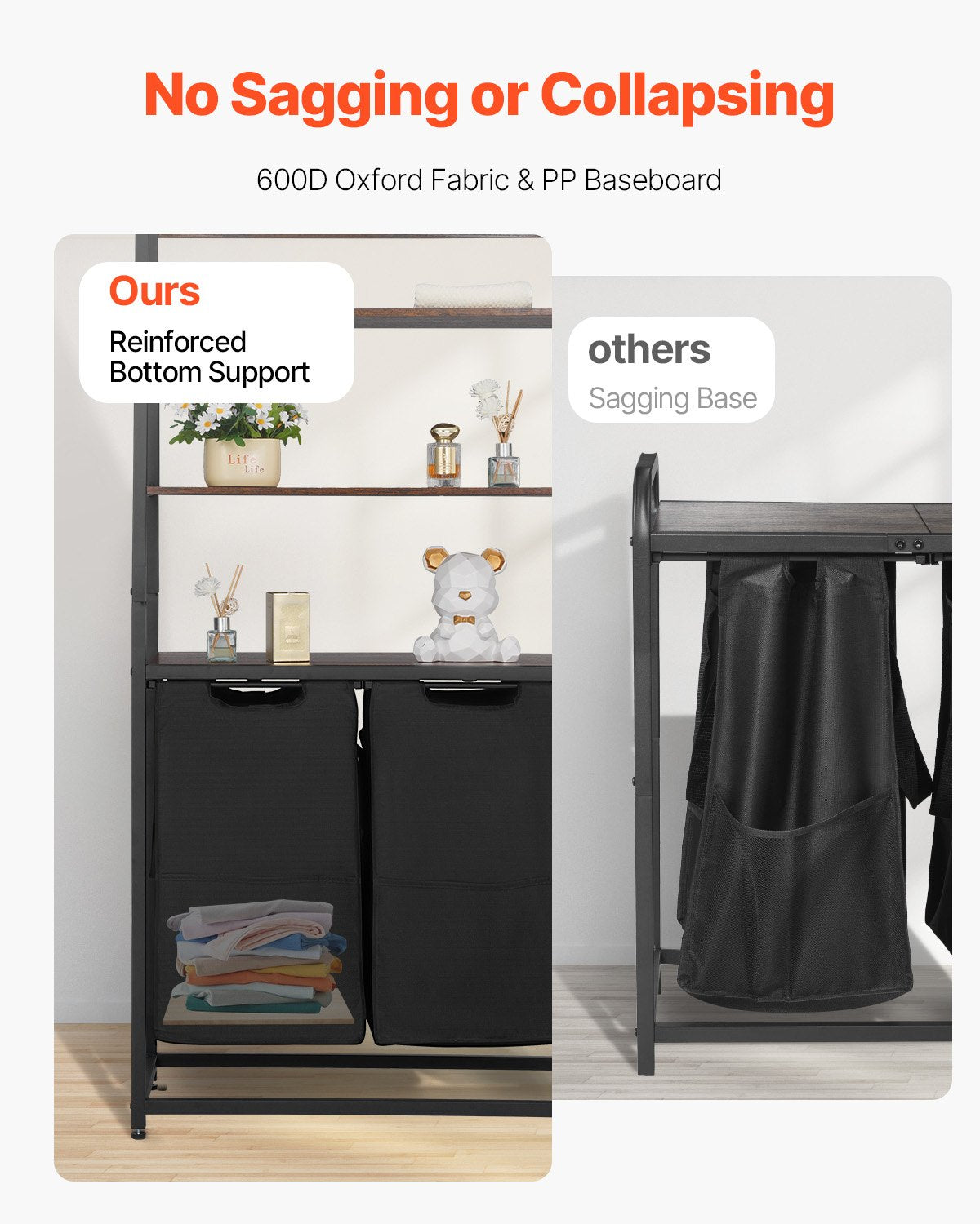 4-våningars tvättkorg, hög tvättkorg med hyllor och krokar, 2-sektioners fristående korgorganisatör för förvaring med 600D Oxford-tygpåsar och steghyllor för smutsiga kläder, badrum