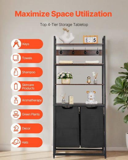 4-våningars tvättkorg, hög tvättkorg med hyllor och krokar, 2-sektioners fristående korgorganisatör för förvaring med 600D Oxford-tygpåsar och steghyllor för smutsiga kläder, badrum