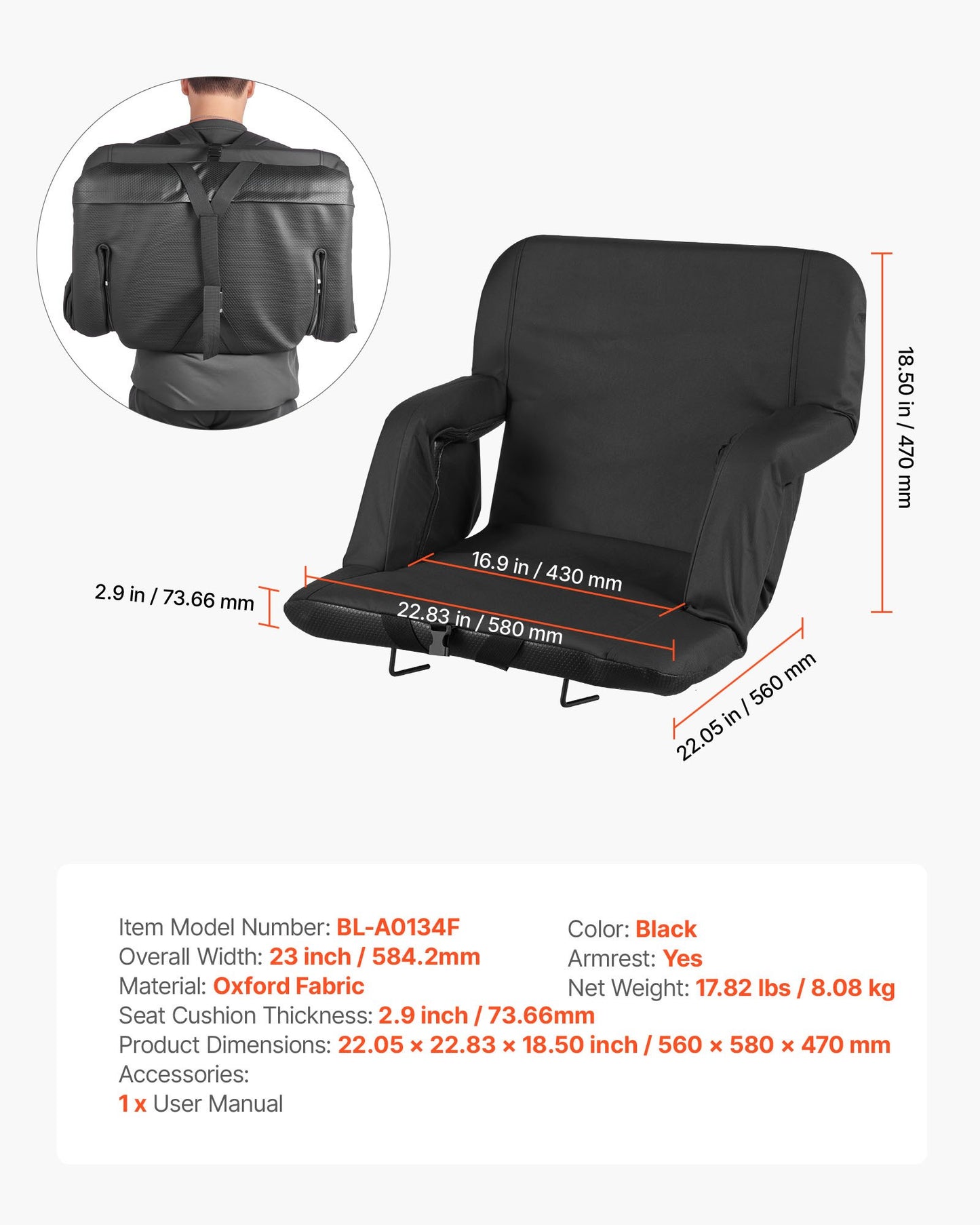 Stadionsits, 6 justerbara vinklar breda läktarstolar, 73,66 mm vadderad stadionsits med armstöd och ryggstöd, stadionsits med krok och mugghållare för picknick, strandsporter och spel