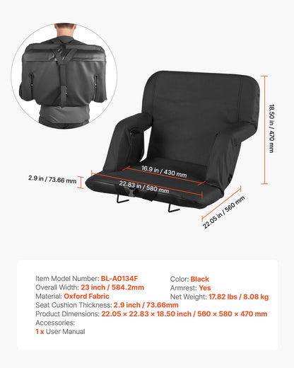 Stadionsits, 6 justerbara vinklar breda läktarstolar, 73,66 mm vadderad stadionsits med armstöd och ryggstöd, stadionsits med krok och mugghållare för picknick, strandsporter och spel