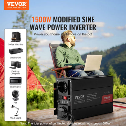Modified Sine Wave Inverter, 1500W, DC 12V to AC 230V Power Inverter with 2 AC Outlets 2 USB Port 1 Type-C Port 6 Spare Fuses, for Small Home Devices like Smartphone Laptop, CE FCC Certified