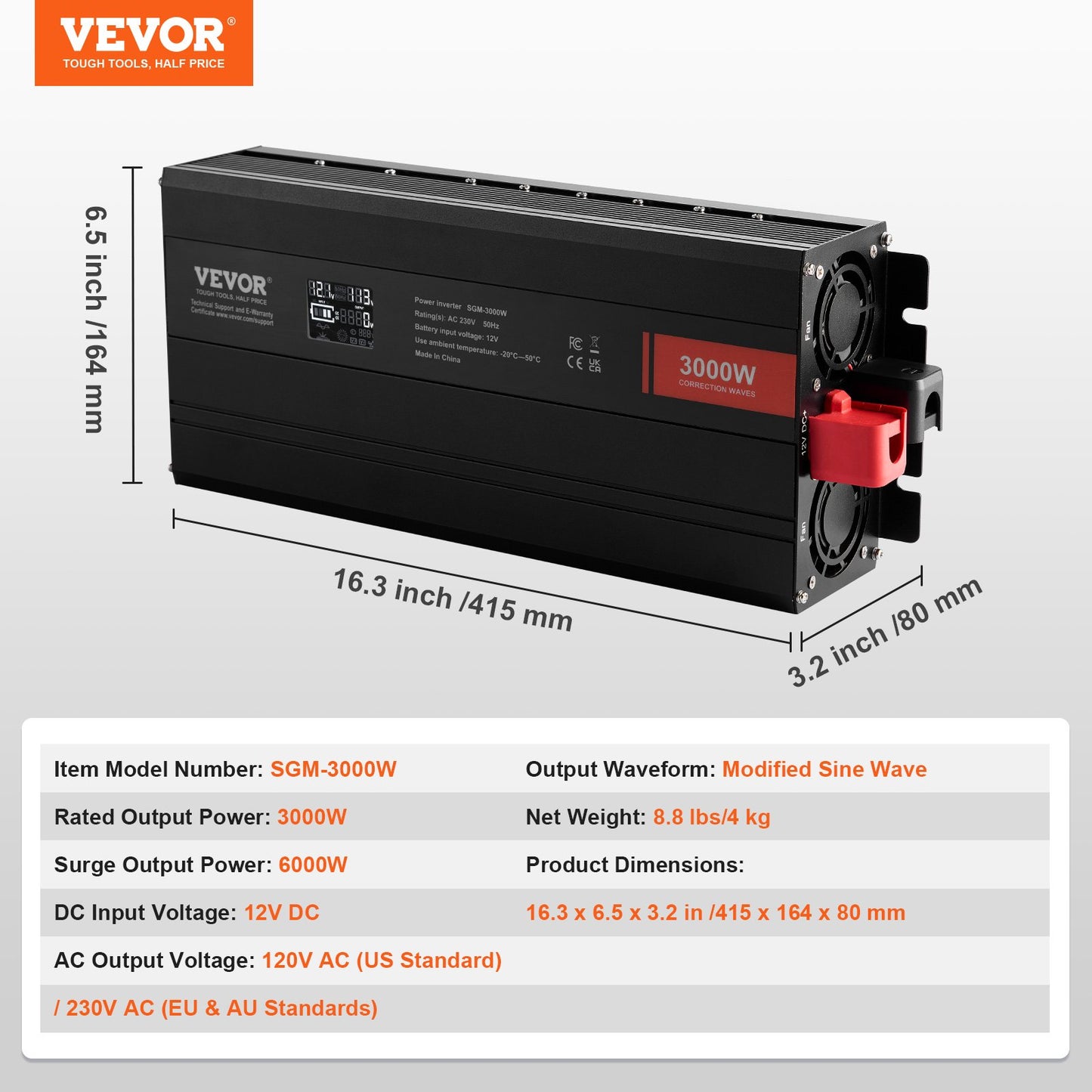 Modified Sine Wave Inverter, 3000Watt, DC 12V to AC 230V LCD Display Power Inverter with 3 AC Outlets 2 USB Port 1 Type-C Port 10 Spare Fuses, for Large Household Equipment, CE FCC Certified