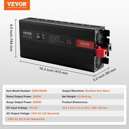 Modified Sine Wave Inverter, 3000Watt, DC 12V to AC 230V LCD Display Power Inverter with 3 AC Outlets 2 USB Port 1 Type-C Port 10 Spare Fuses, for Large Household Equipment, CE FCC Certified