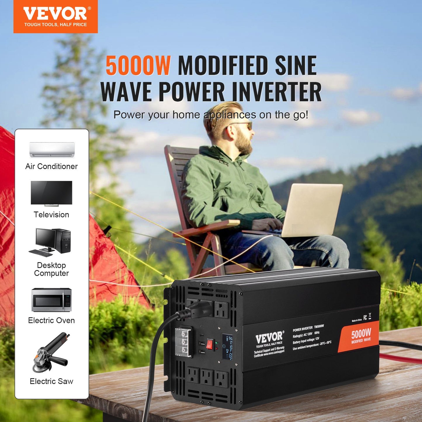 Modified Sine Wave Inverter, 5000W, DC 12V to AC 230V Power Inverter with 2 AC Outlets 2 USB Port 1 Type-C Port, LCD Display and Remote Controller for High Load Home Appliances, CE FCC Certified