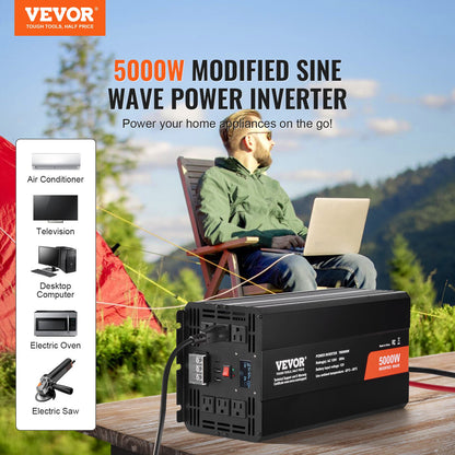 Modified Sine Wave Inverter, 5000W, DC 12V to AC 230V Power Inverter with 2 AC Outlets 2 USB Port 1 Type-C Port, LCD Display and Remote Controller for High Load Home Appliances, CE FCC Certified