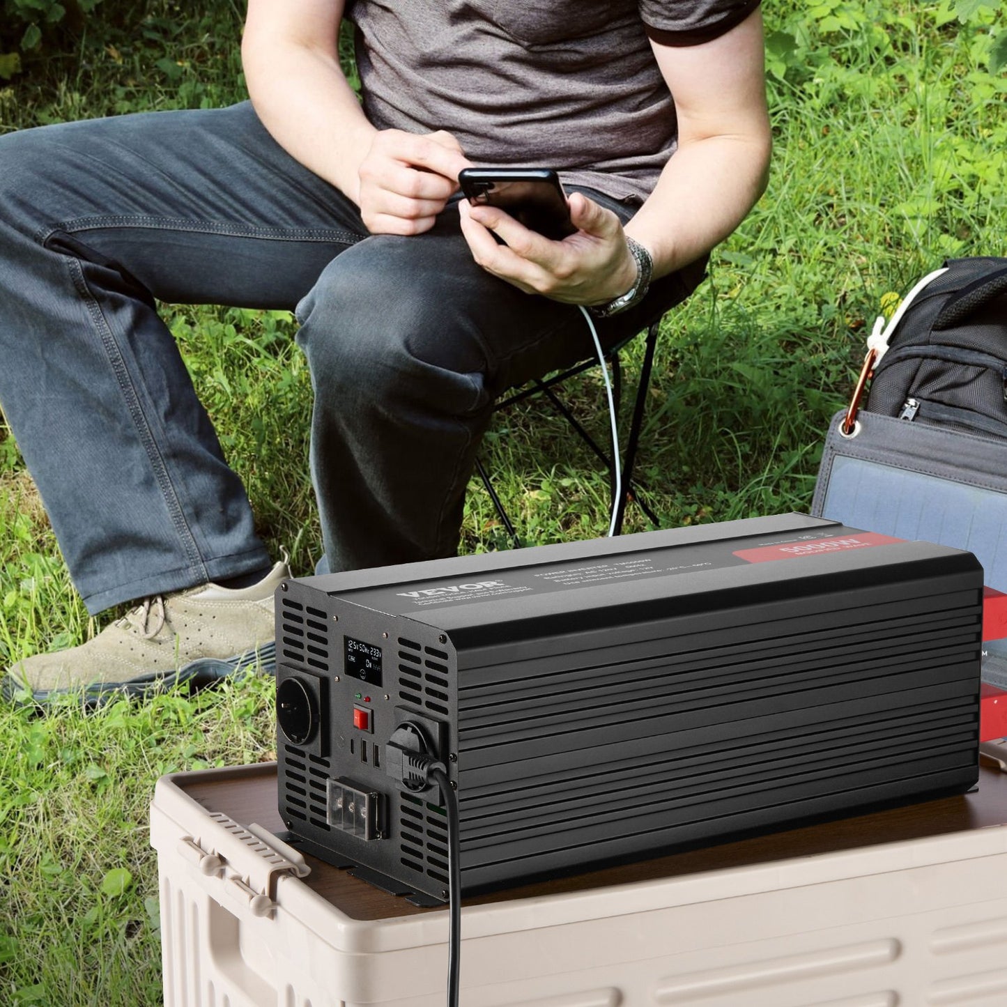 Modified Sine Wave Inverter, 5000W, DC 12V to AC 230V Power Inverter with 2 AC Outlets 2 USB Port 1 Type-C Port, LCD Display and Remote Controller for High Load Home Appliances, CE FCC Certified