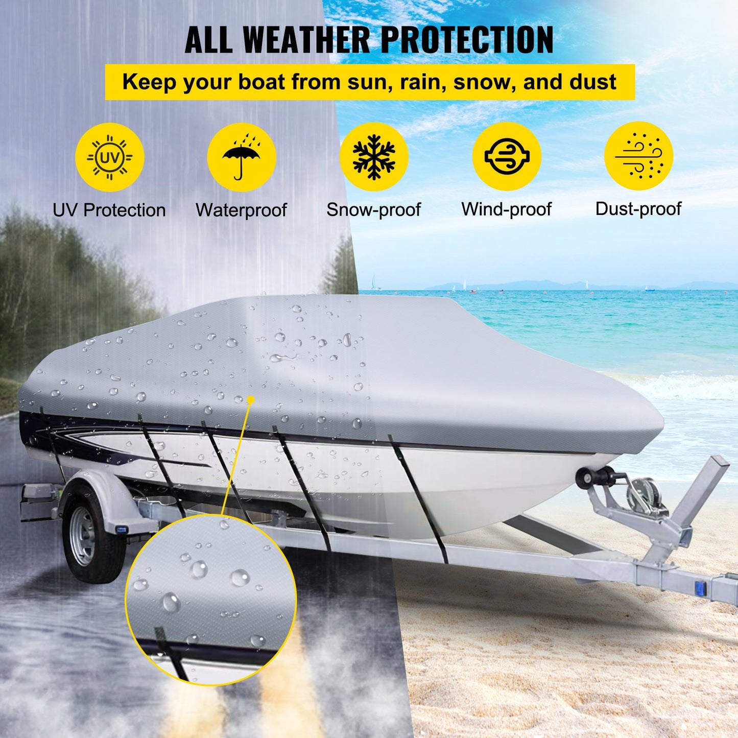 Waterproof Boat Cover, 609.6 cm-670.6 cm Trailerable Boat Cover, Beam Width up to 269.2 cm Hull Cover Heavy Duty 600D Marine Grade Polyester Mooring Cover for Fits V-Hull Boat with 5 Tightening Straps