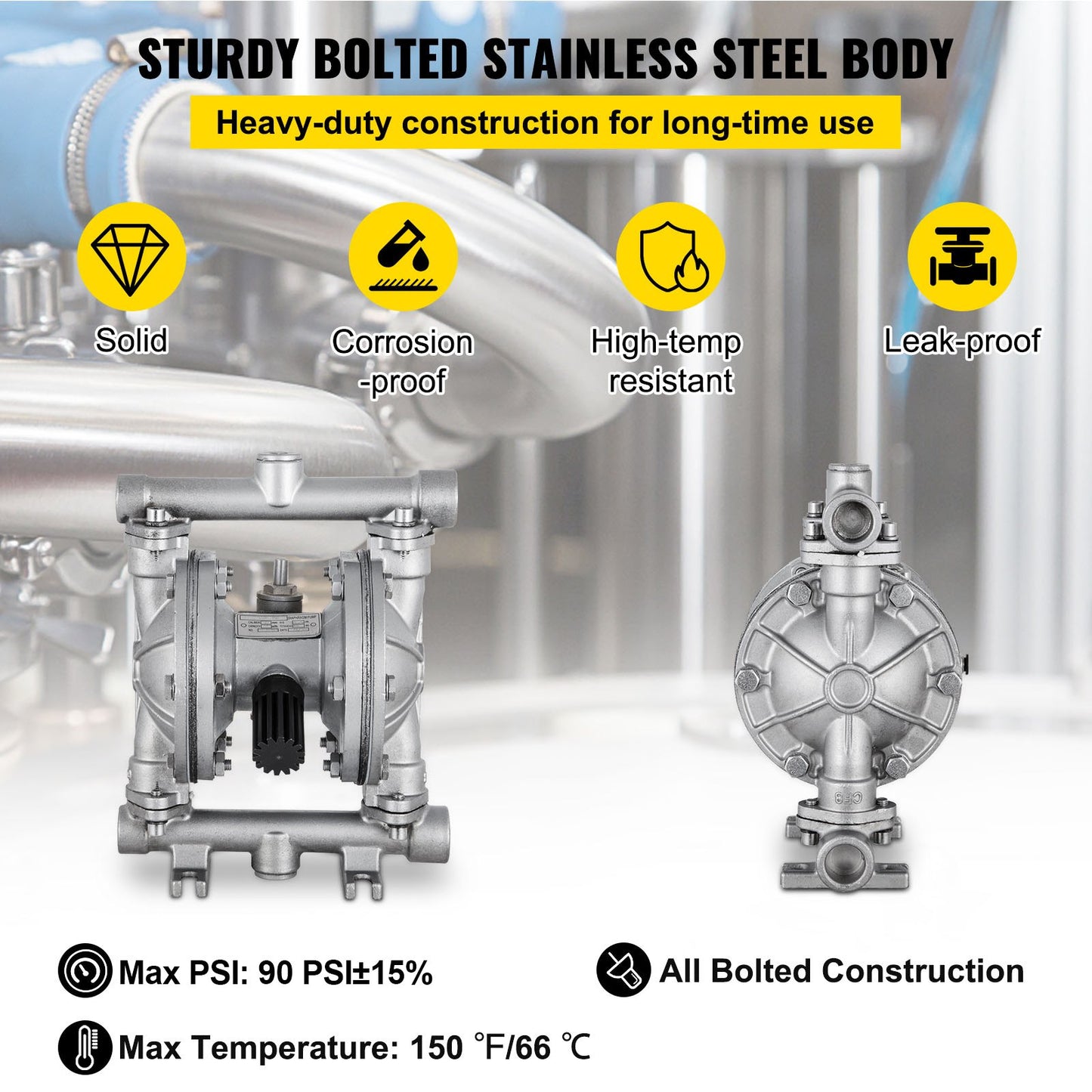 Air-Operated Double Diaphragm Pump, Inlet & Outlet, Stainless Steel Body, 11.36 L/min, PTFE Diaphragm Pneumatic Transfer Pump for Petroleum, Diesel, Oil & Low Viscosity Fluids