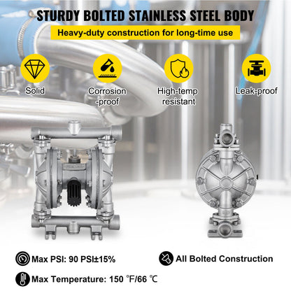 Air-Operated Double Diaphragm Pump, Inlet & Outlet, Stainless Steel Body, 11.36 L/min, PTFE Diaphragm Pneumatic Transfer Pump for Petroleum, Diesel, Oil & Low Viscosity Fluids
