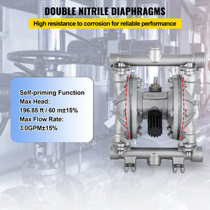 Air-Operated Double Diaphragm Pump, Inlet & Outlet, Stainless Steel Body, 11.36 L/min, PTFE Diaphragm Pneumatic Transfer Pump for Petroleum, Diesel, Oil & Low Viscosity Fluids