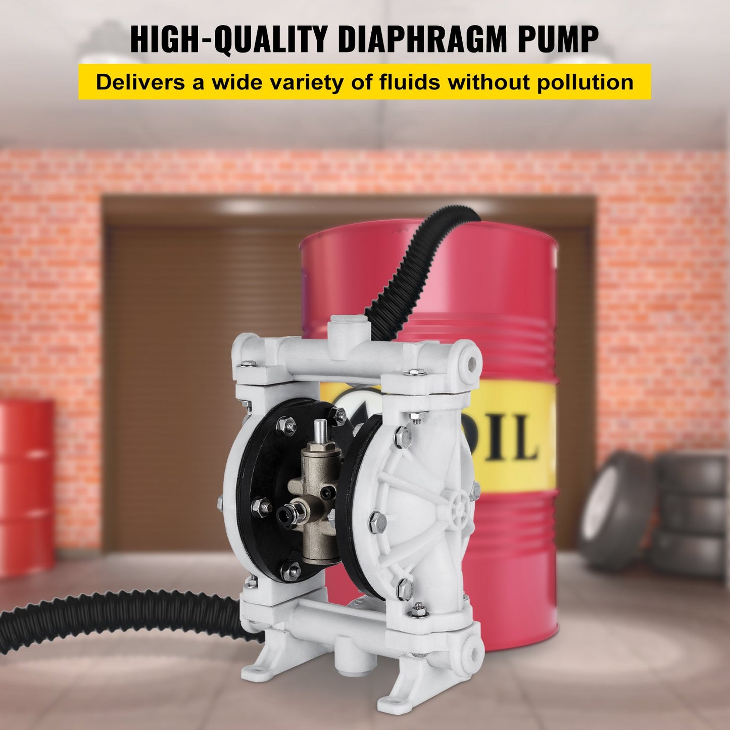Air-Operated Double Diaphragm Pump, Inlet & Outlet, Polypropylene Body, 9.46 L/min, PTFE Diaphragm Pneumatic Transfer Pump for Petroleum, Diesel, Oil & Low Viscosity Fluids