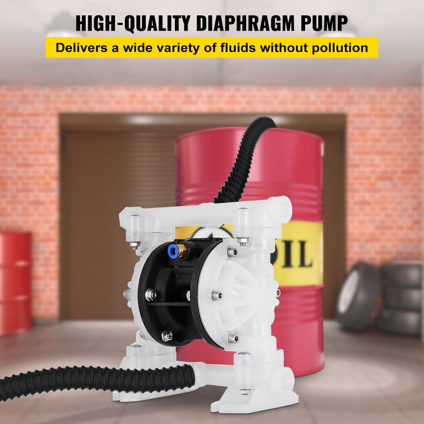 Air Double Diaphragm Pump 7GPM 100PSI Polypropylene Diaphragm Water Pump with 1.3 cm Inlet & Outlet Ports Air Pump Diaphragm 6900.7 cm Max Head Air-operated Diaphragm Pump with Sealed Ball Valve